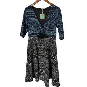 Kiyonna Plus Blue Black Geometric Print Cutout A-Line 3/4 Sleeves Size 0 (12)